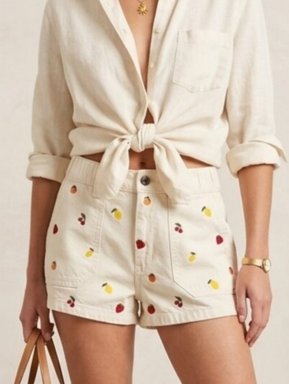 New!!! PacSun ✨️ Cream High-Waist Fruit Embroidered Women's Shorts Size S